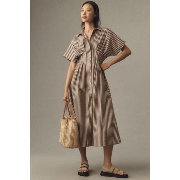 Anthropologie Exquise The Tobie Button Front Pleated Shirt Dress Brown Striped - Picture 2 of 8